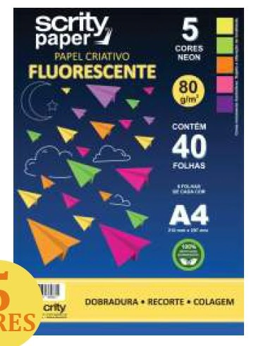 Papel A4 Criativo Fluorescente 5 Cores 40fl 75g