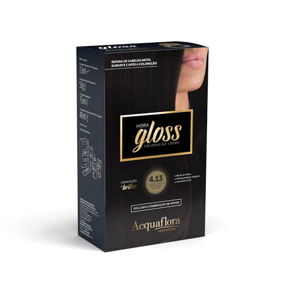 Coloracao Kit Permanente Acquaflora Hidra Gloss 4.13 Castanho Natural Acinzentado Dourado 177g