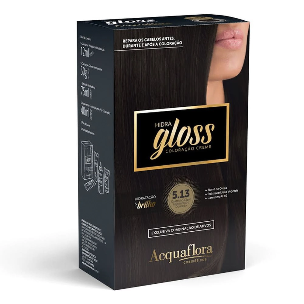 Coloracao Kit Permanente Acquaflora Hidra Gloss 5.13 Castanho Claro Acinzentado Dourado 177g