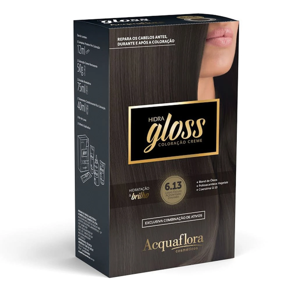 Coloracao Kit Permanente Acquaflora Hidra Gloss 6.13 Louro Escuro Acinzentado Dourado 177g
