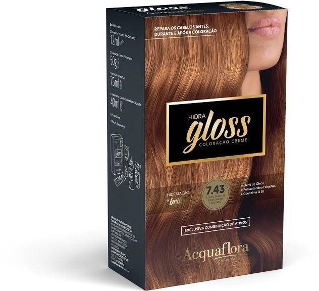 7.43 Louro Natural Acobreado Dourado Kit Coloracao Hidra Gloss Acquaflora
