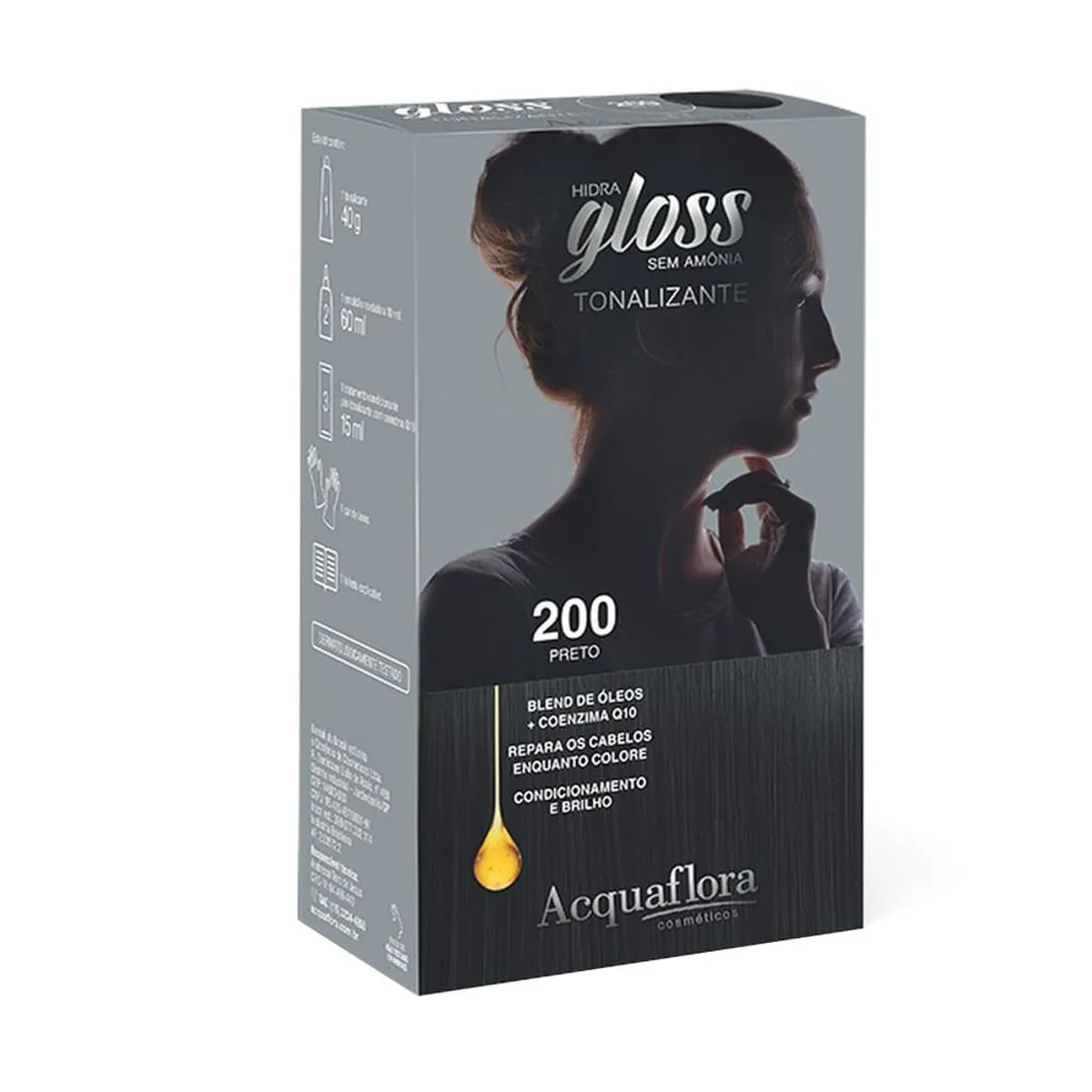 Kit Tonalizante Acquaflora Hidra Gloss 200 Preto 115ml