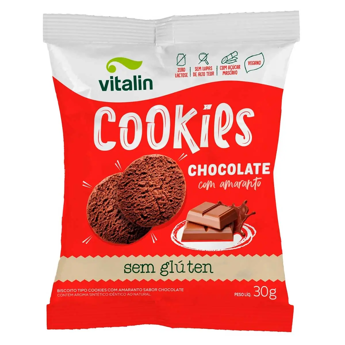 Biscoito Cookie Integral Amaranto com Cacau sem Glúten Vitalin 30g