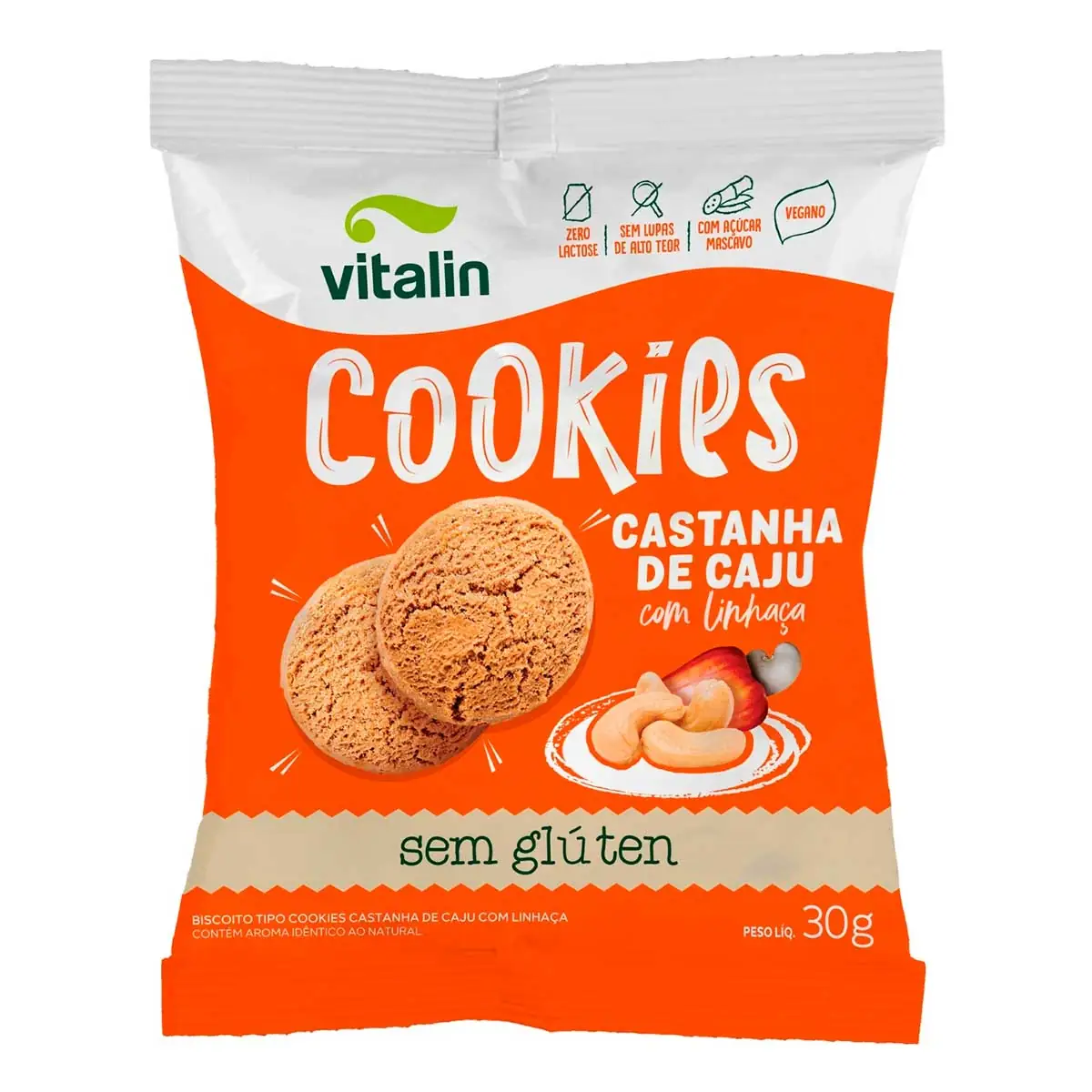 Biscoito Cookie Integral Linhaça com Castanha sem Glúten Vitalin 30g