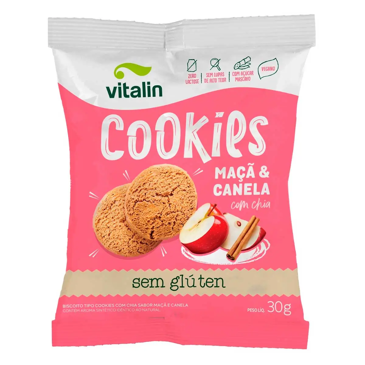 Biscoito Cookie Integral Chia Maçã e Canela sem Glúten Vitalin 30g