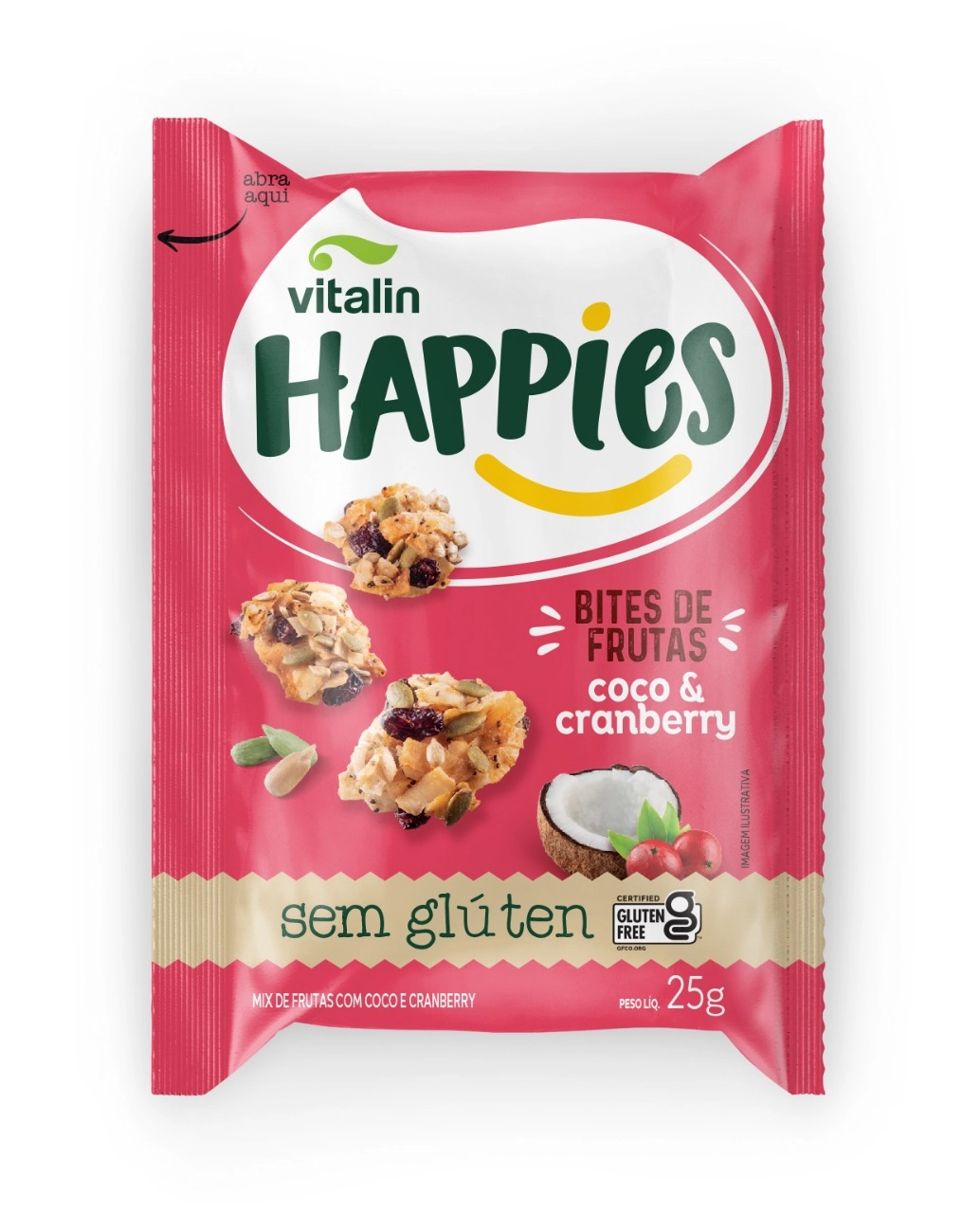 Mix De Frutas E Sementes Bites Coco E Cranberry Vitalin Happies Pacote 25g