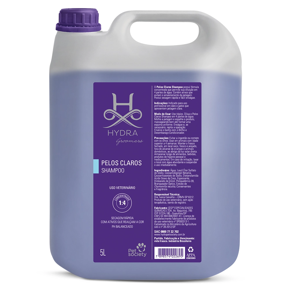 Shampoo Hydra Groomers Pelos Claros Pet Society Para Cães E Gatos 5 L Substituido