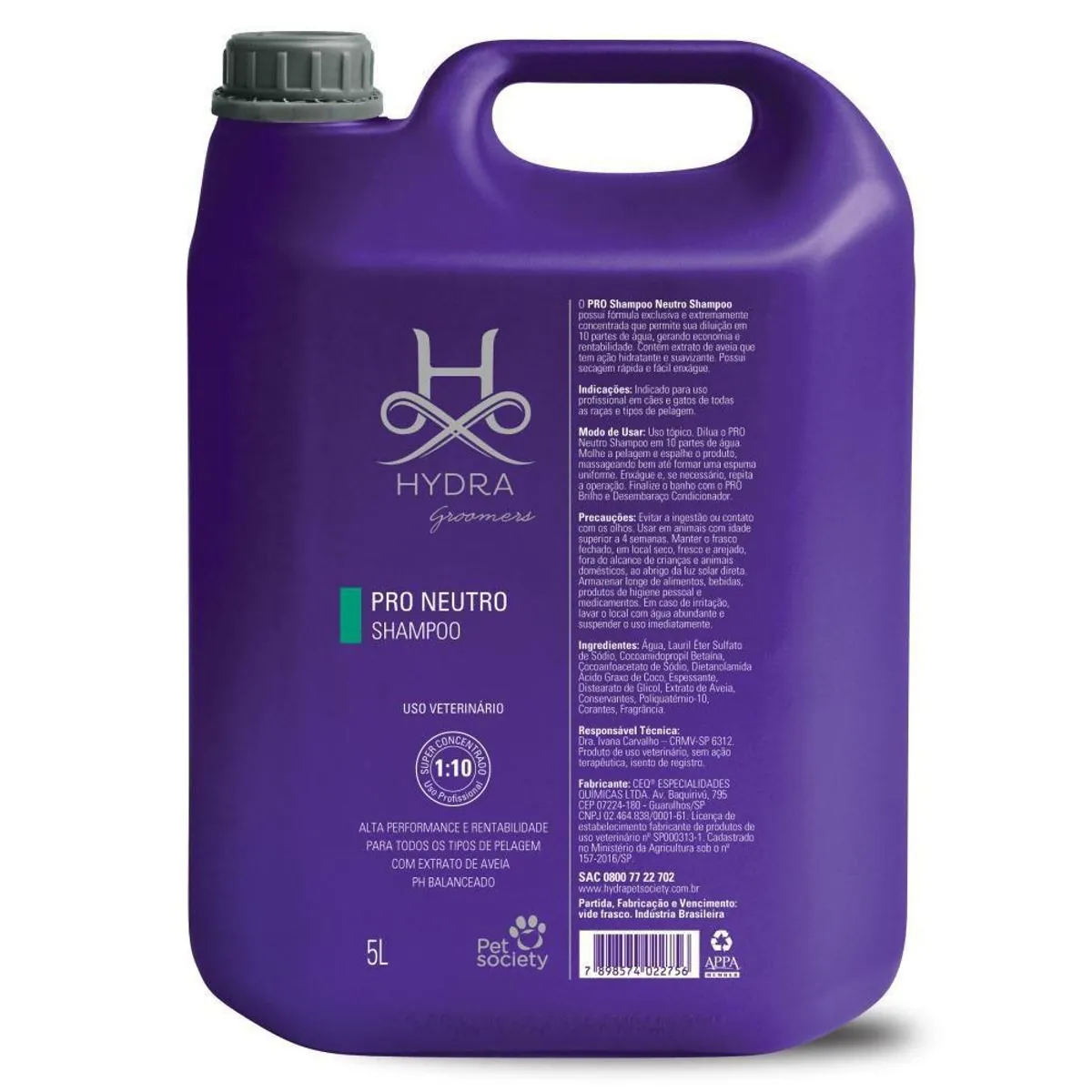 Shampoo Hydra Groomers Pro Neutro Pet Society Para Cães E Gatos 5 L