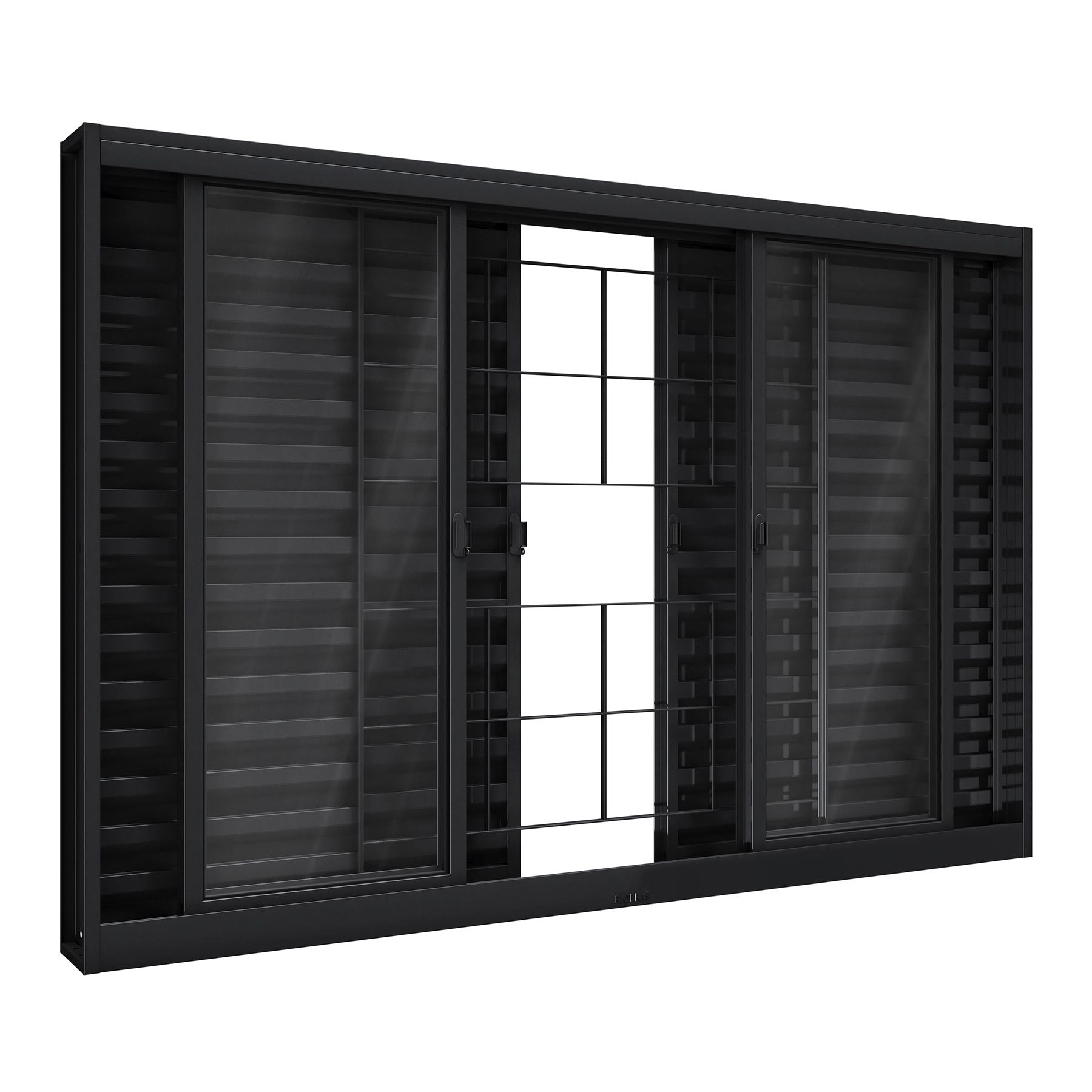 Janela de Correr 6 Folhas Aço Pintado Preto Aço Pronto Grade Quadrada com Vidro 100x200cm Riobras