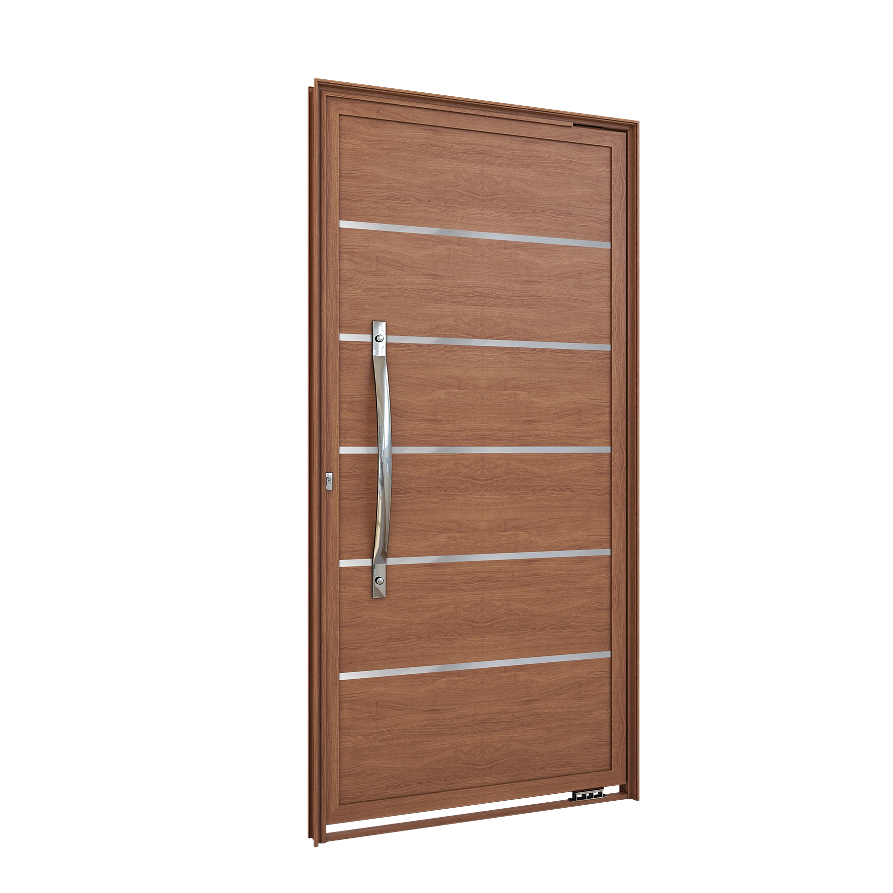 Porta De Alumínio De Giro Pivotante Lambril Com Friso Com  Puxador 80Cm   Madeira - 215X105X8 - Abertura Esquerda