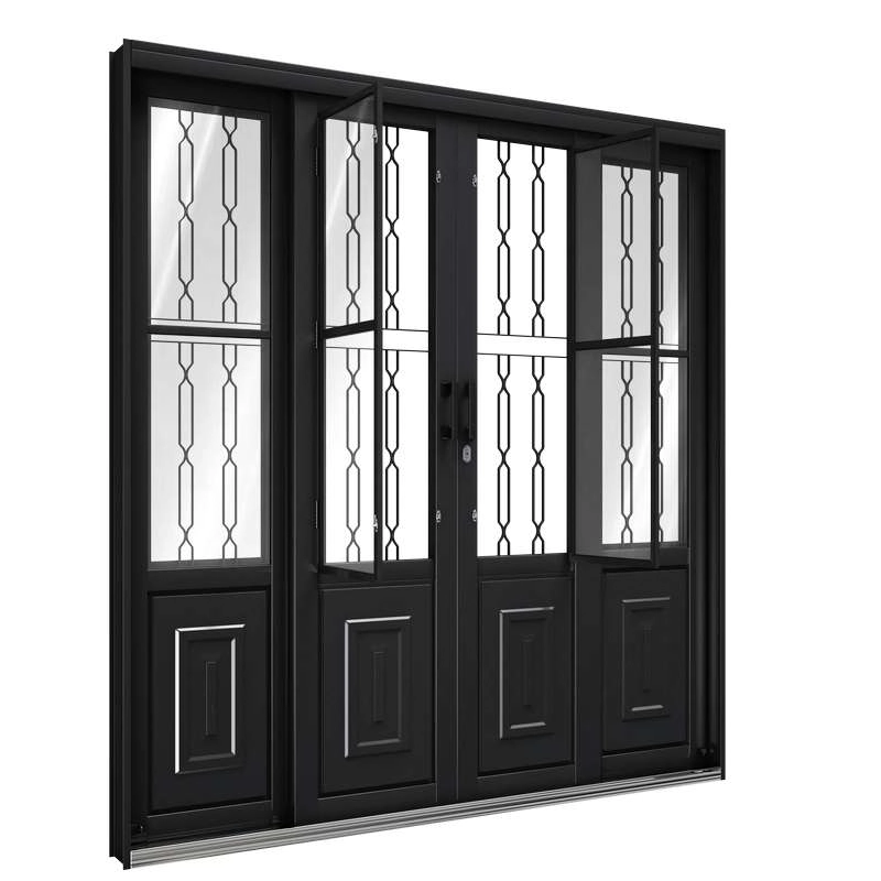Porta De Correr De Aço Com Postigo 213 X 200 X 13 Cm Preto 4 Folhas Grade Mosaico Riobras Pronta