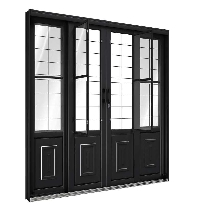 Porta De Correr De Aço Com Postigo 213 X 200 X 13 Cm Preto 4 Folhas Grade Quadrada Riobras Pronta