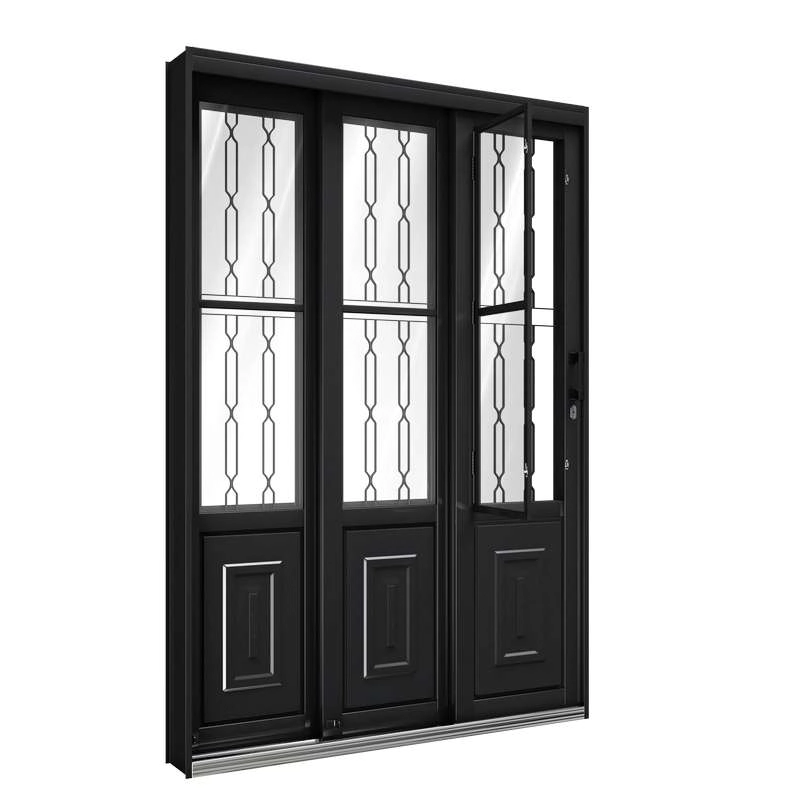 Porta De Correr De Aço Com Postigo 213 X 150 X 17 Cm Preto 3 Folhas Direita Grade Mosaico Riobras Pronta