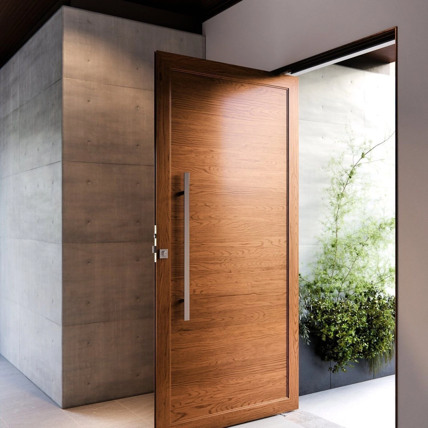 Porta De Alumínio Pivotante Lambri 215x105cm Com Puxador De 80cm Lucasa Ideale Abertura Esquerda Amadeirado