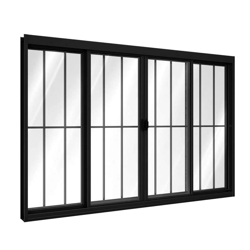Janela De Alumínio De Correr 100 X 150 X 8,5 Cm Preto 4 Folhas Com Grade Riobras
