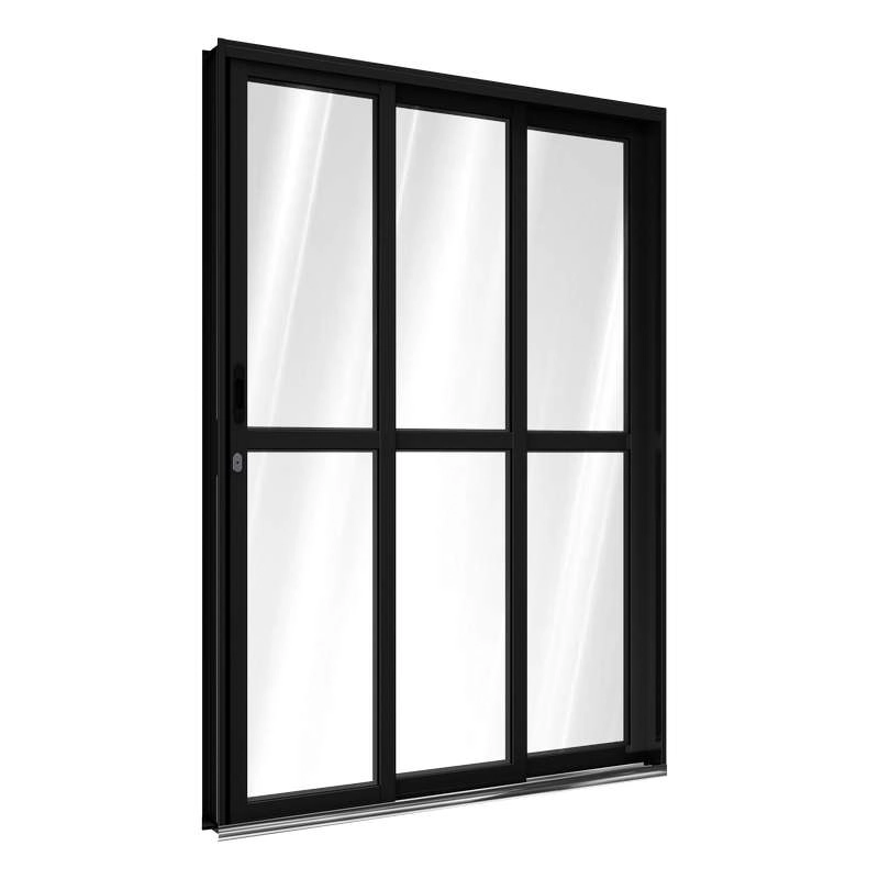 Porta De Correr De Alumínio Com Travessa 213 X 150 X 13 Cm Preto 3 Folhas Esquerda Riobras