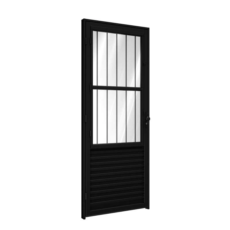 Porta De Giro De Alumínio Com Postigo 215 X 85 X 6,5 Cm Preto Esquerda Com Grade Riobras