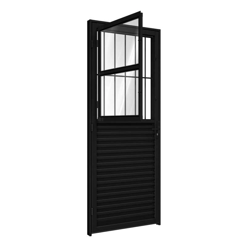Porta De Giro De Alumínio Com Postigo 215 X 85 X 6,5 Cm Preto Direita Com Grade Riobras