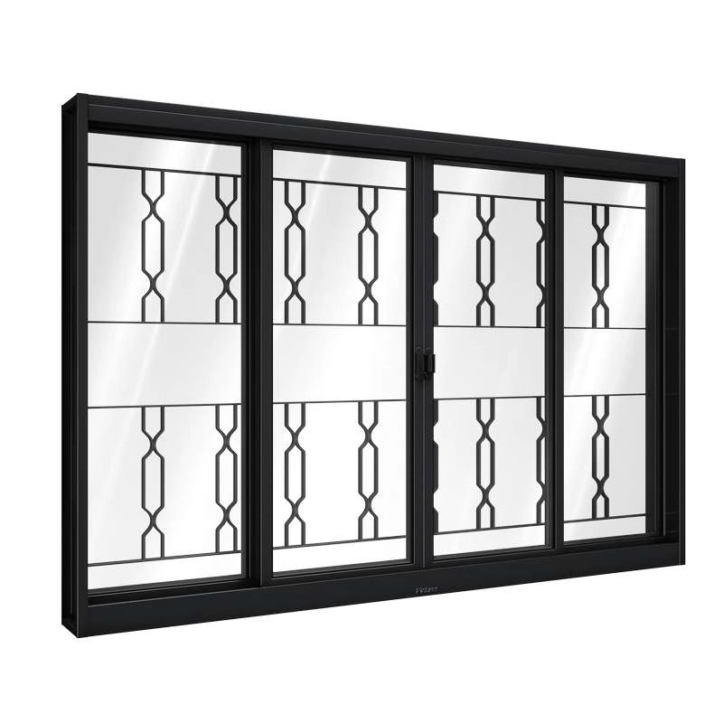Janela De Correr De Aço 120 X 150 X 12 Cm Preto 4 Folhas Grade Mosaico Riobras Pronta