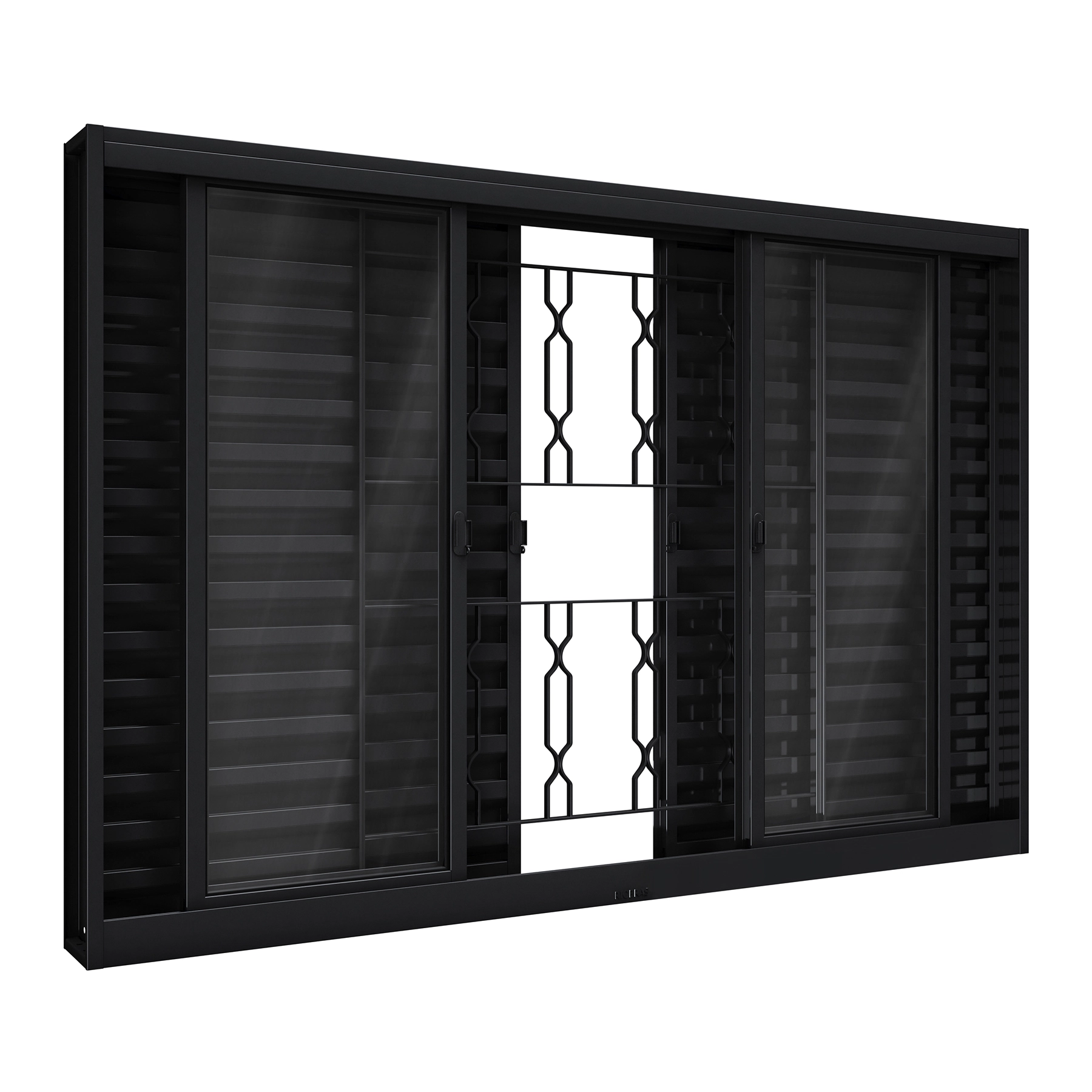 Janela de Correr 6 Folhas Aço Pintado Preto Aço Pronto Grade Elo com Vidro 100x200cm Riobras