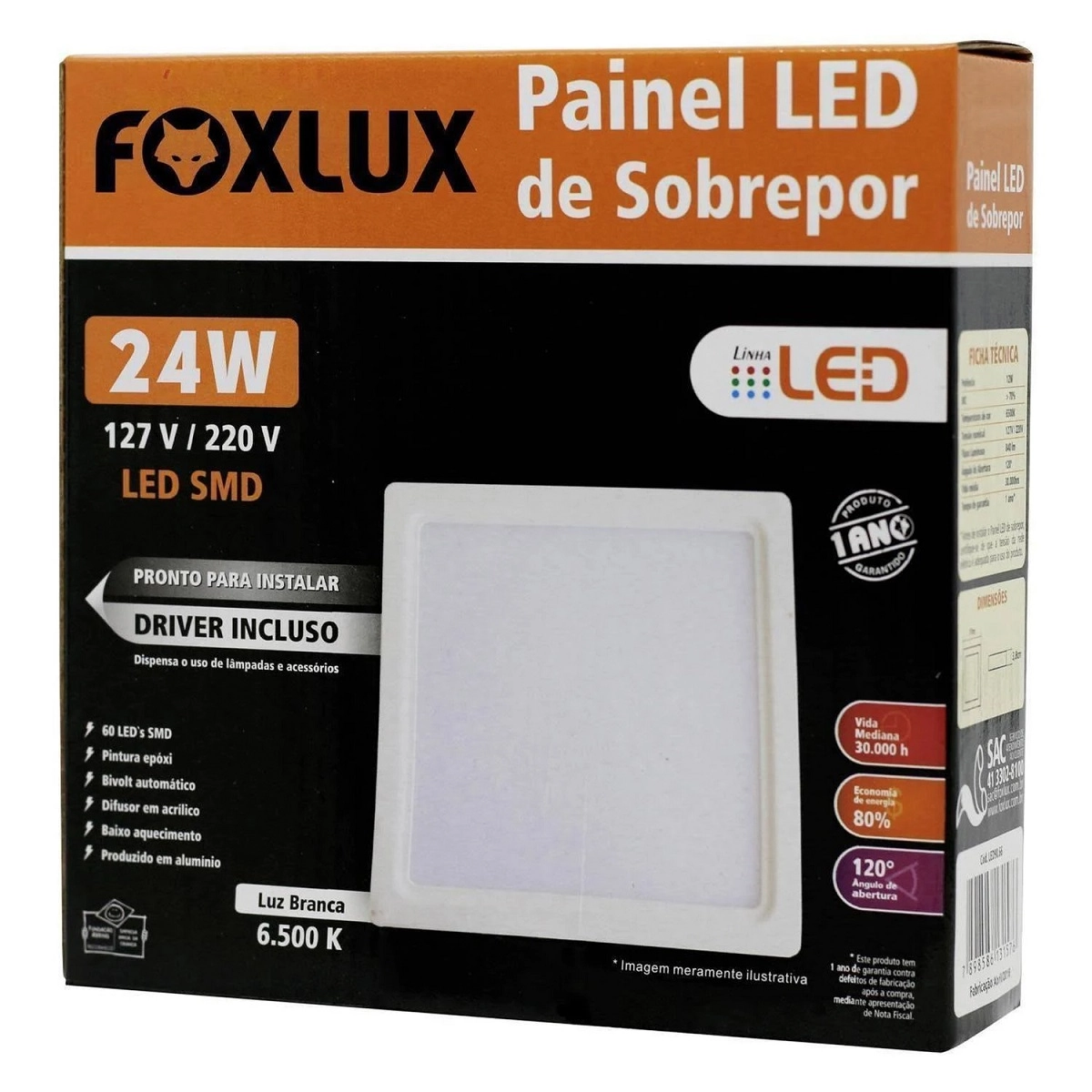 Painel Led Foxlux Quadrado Sobrepor 24w 6500k Bivolt Branco