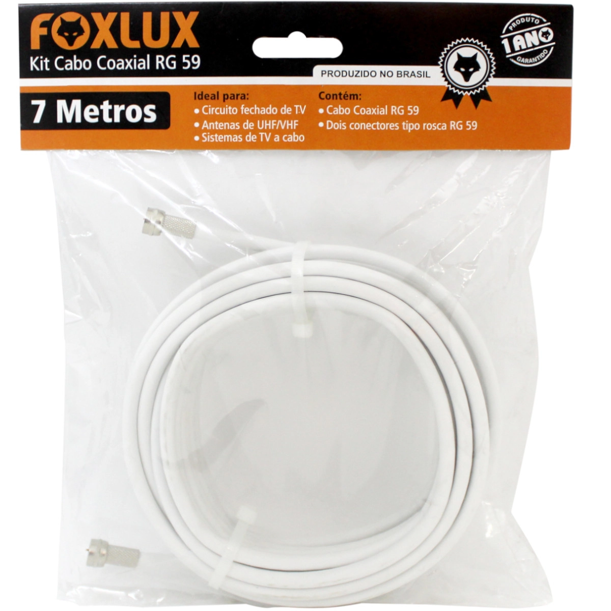 Cabo Coaxial Rg 59 67% Branco 7 Metros