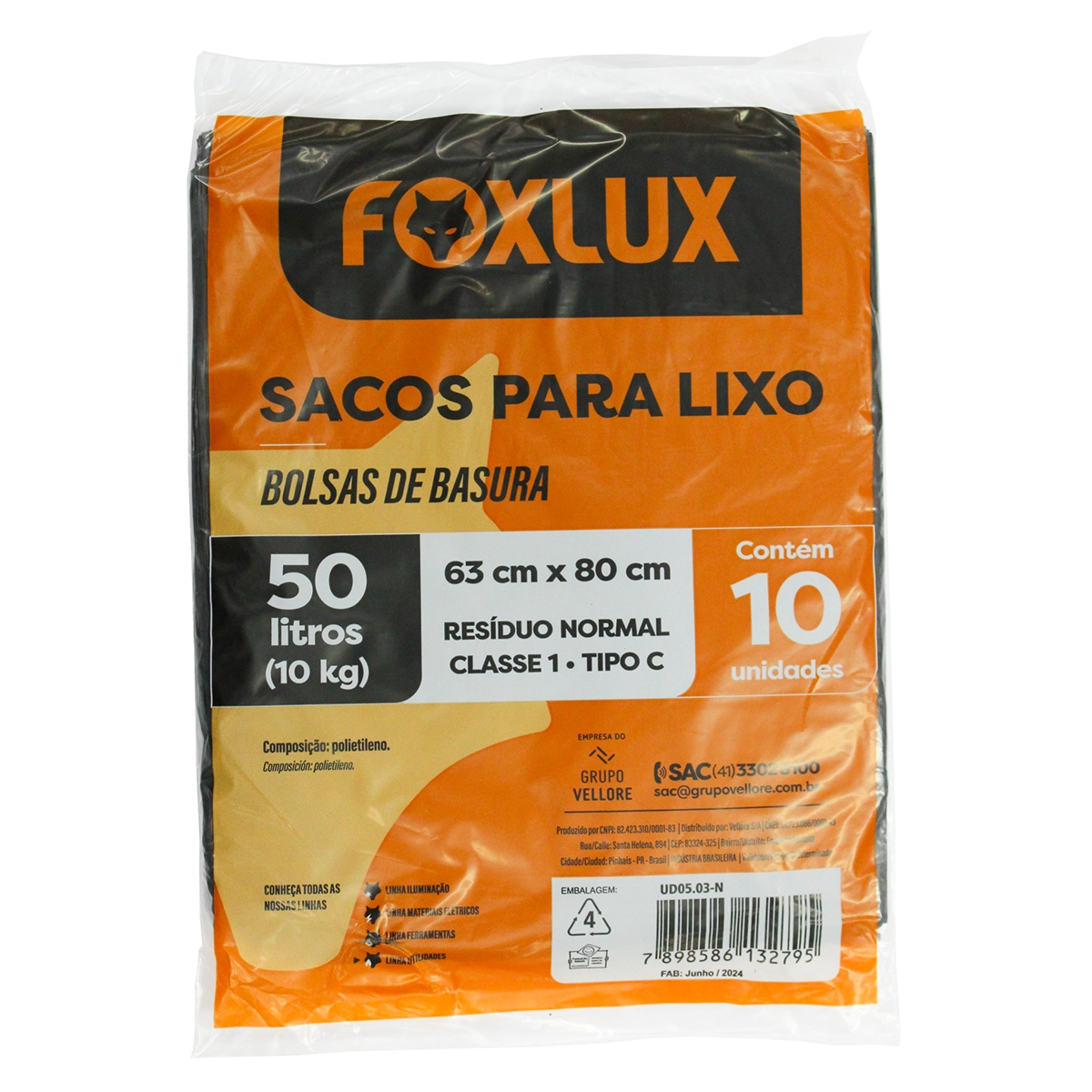 10 Un Saco De Lixo Foxlux 50l 80x63cm