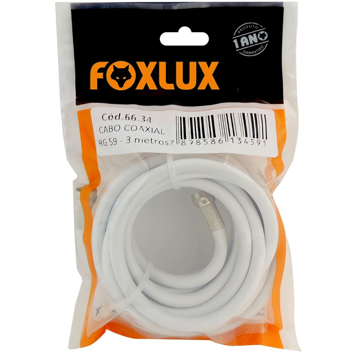 Cabo Coaxial Rg 59 67% Branco 3 Metros