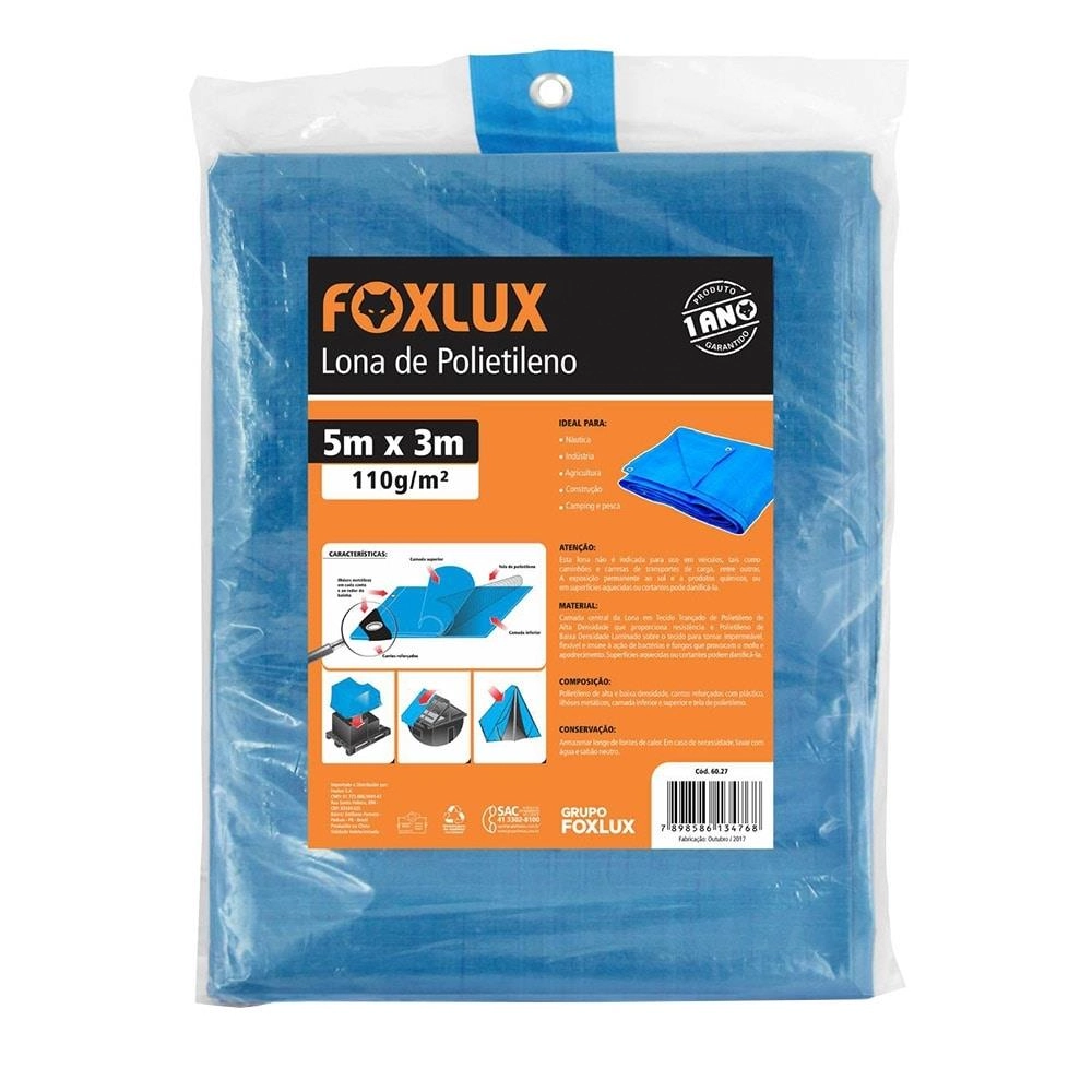 Lona Plástica Azul Foxlux Com Ilhos Cantos Reforçados 5x3m