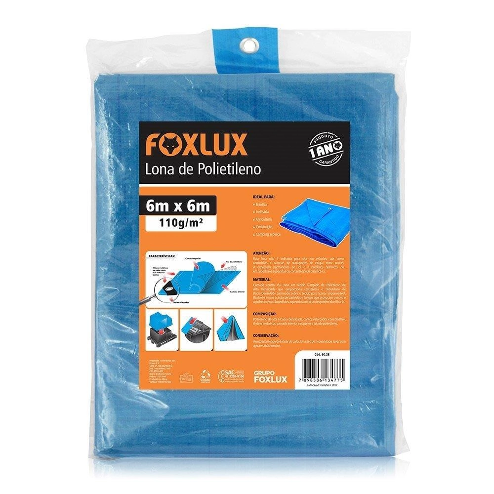 Lona Plástica Azul Foxlux Com Ilhos Cantos Reforçados 6mx6m