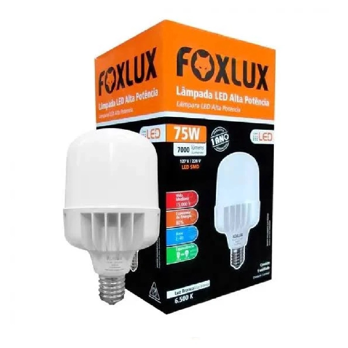 Lâmpada Led Alta Potência Foxlux 75w 6500k Branca Fria 7000lm E-27 Bivolt
