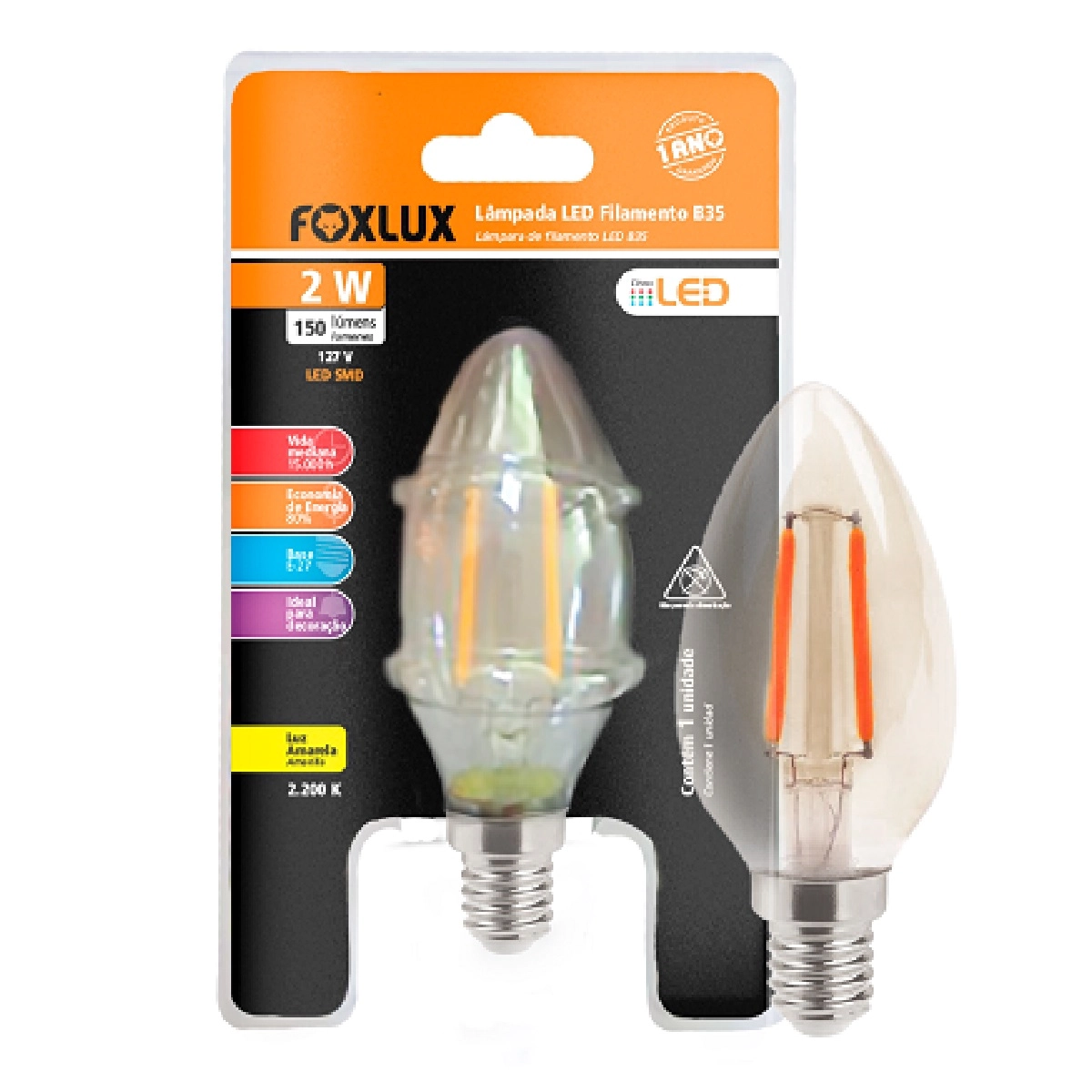 Lâmpada De Filamento Foxlux Vela B35 E-14 2w 127v