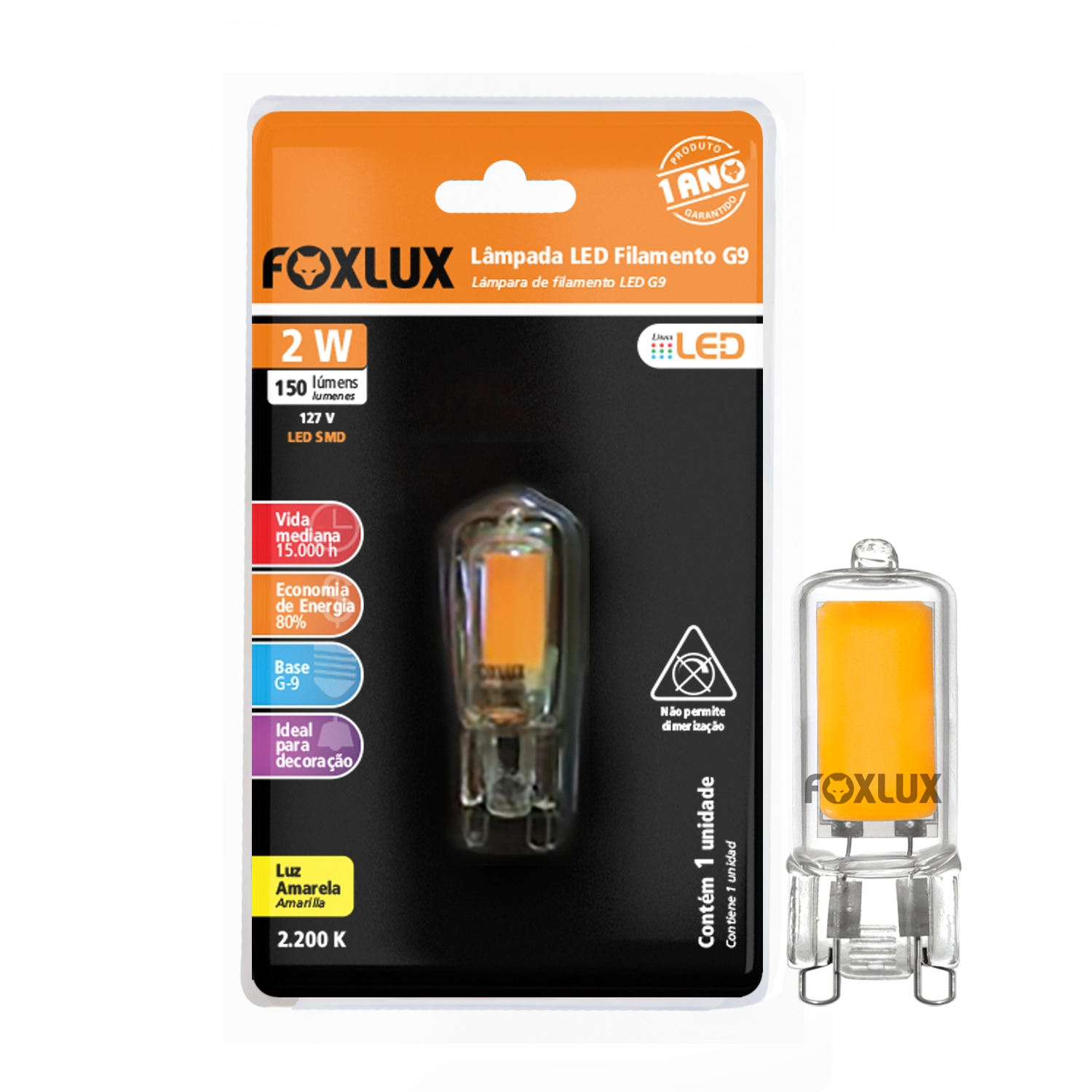 Lâmpada Filamento Foxlux Halopin G9 2w 127v Luz Amarelada