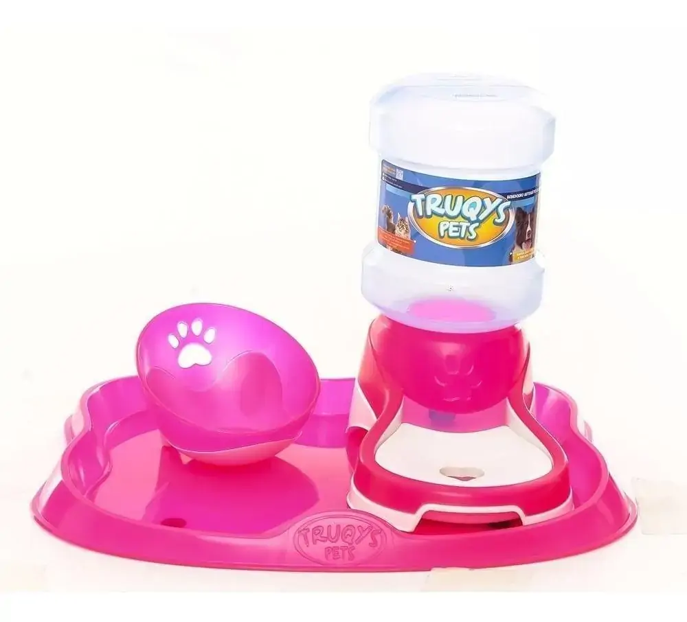Kit Truqys Pets Bandeja Design Bebedouro Automático Comedouro Inclinado Rosa 2 Litros