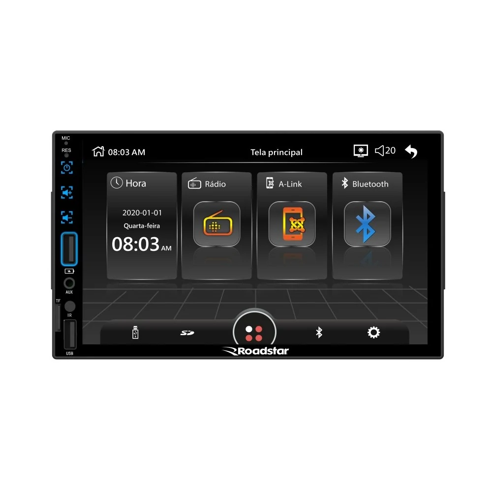 Reprodutor de Vídeo Multimidia 7 Pol. 2 Din Usb/Auxiliar/Fm/Bluetooth - ROADSTAR BRASIL RS508BR