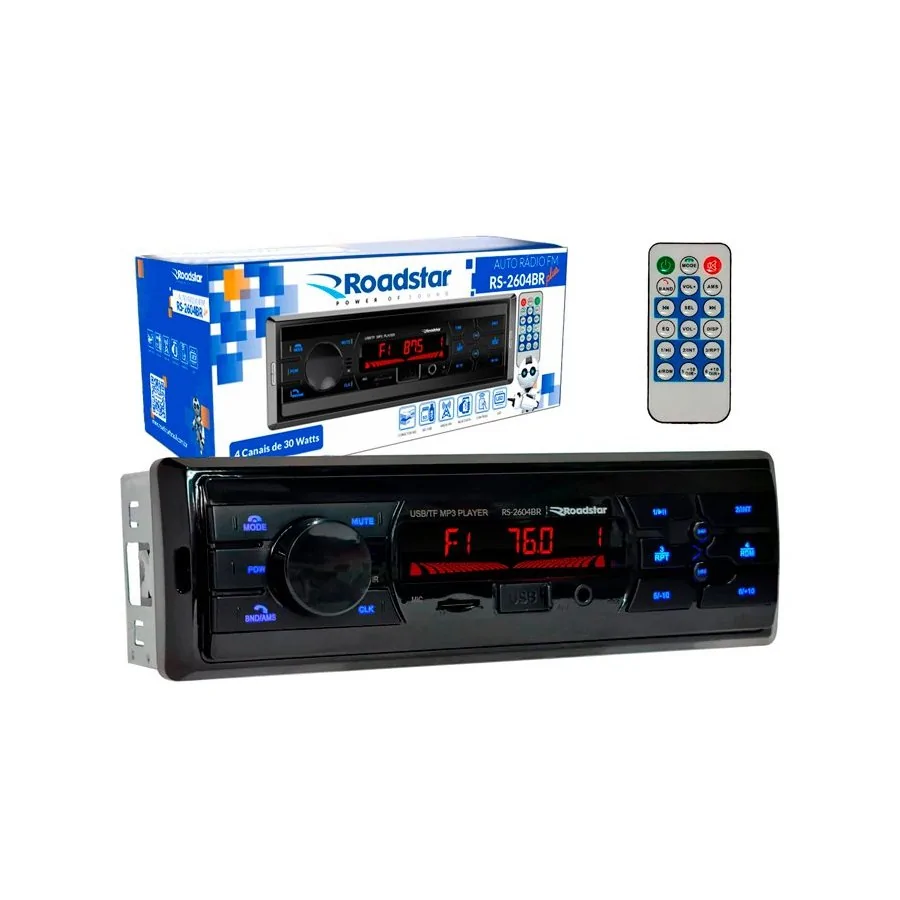 Aparelho de Som Rádio FM, Bluetooth, USB, SD, Auxiliar, com Controle Remoto - ROADSTAR BRASIL RS2604BRPLUS