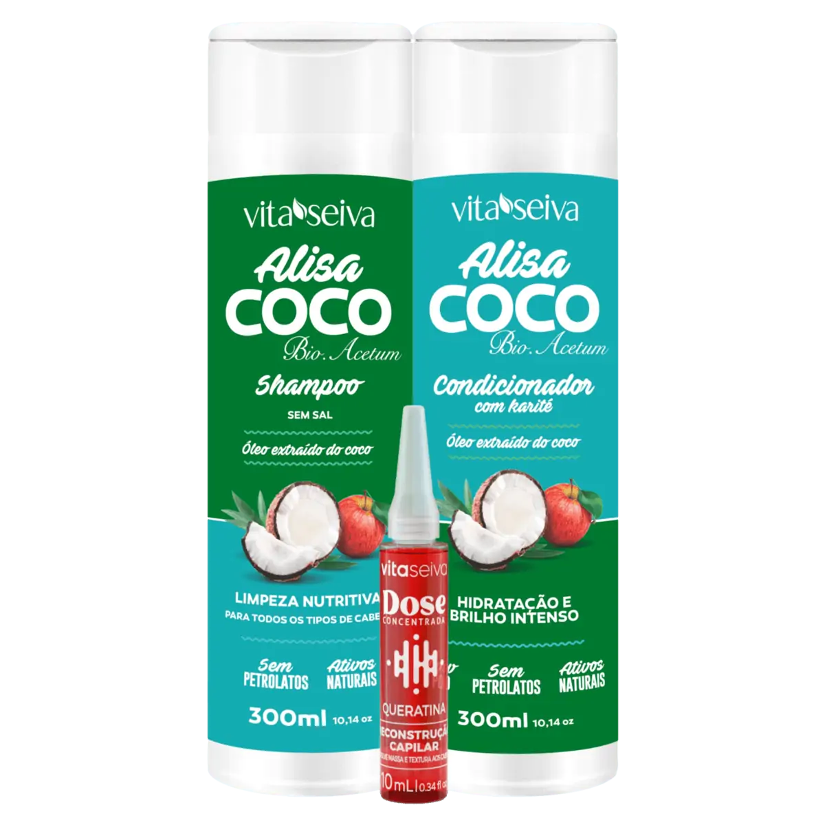 Kit Shampoo 300ml Condicionador 300ml Alisa Coco Ampola De Tratamento Queratina Dose Concentrada 10m