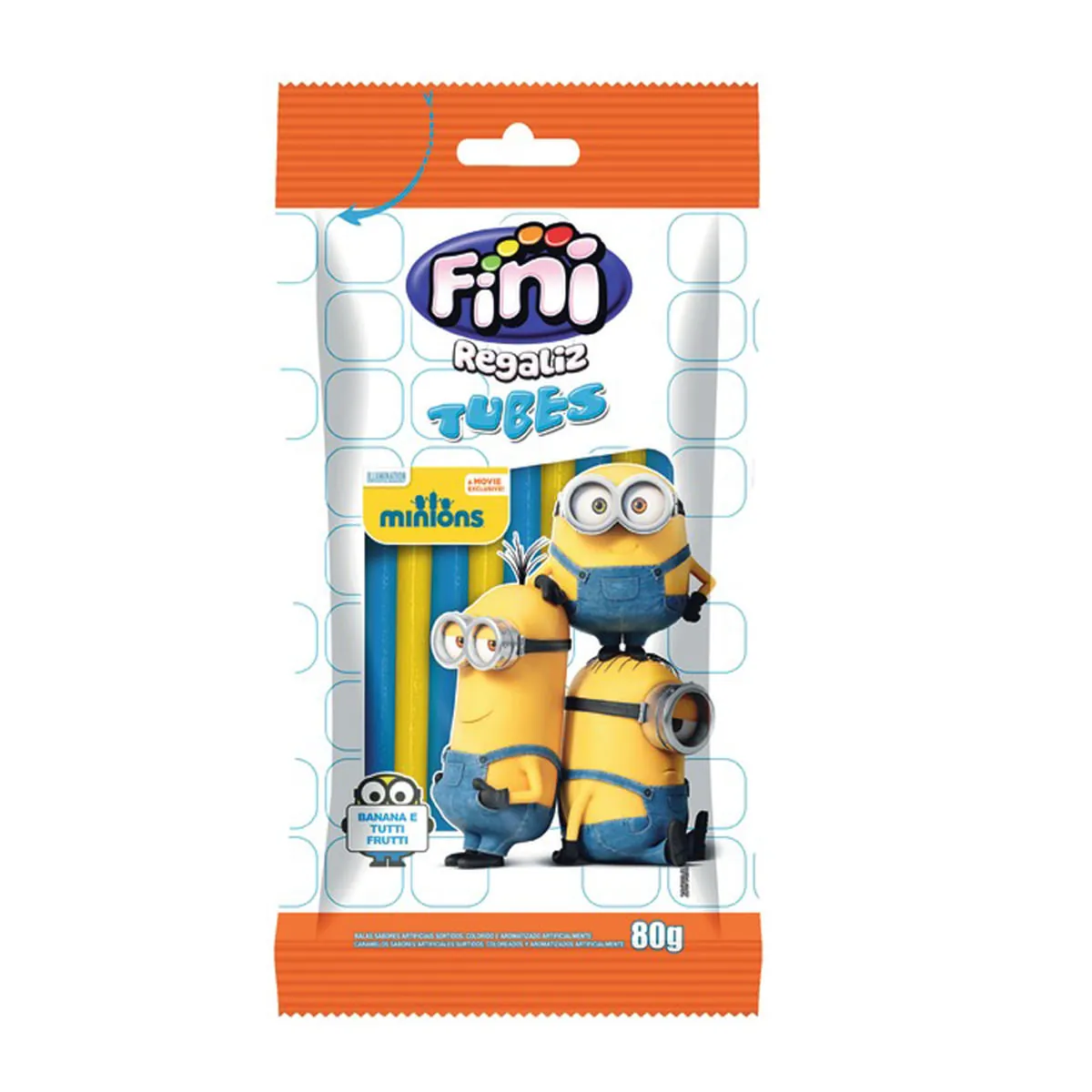 Bala Regaliz Banana Ou Tutti Frutti Minions Fini Tubes Pacote 80g