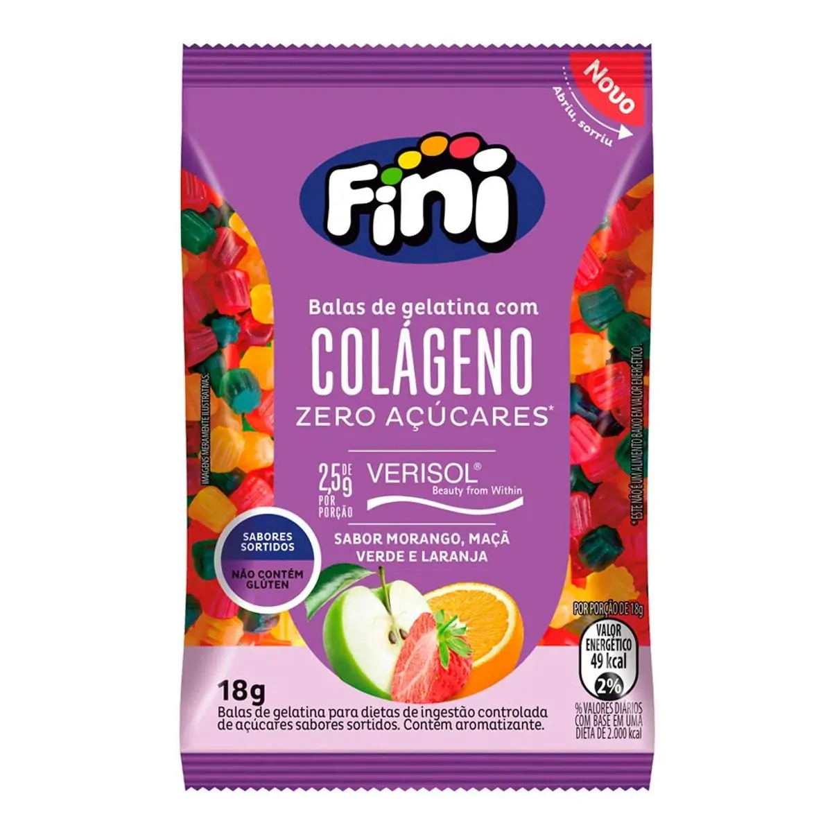 Bala De Gelatina Com Colágeno Morango, Maçã Verde Ou Laranja Zero Açúcar Fini Pacote 18g