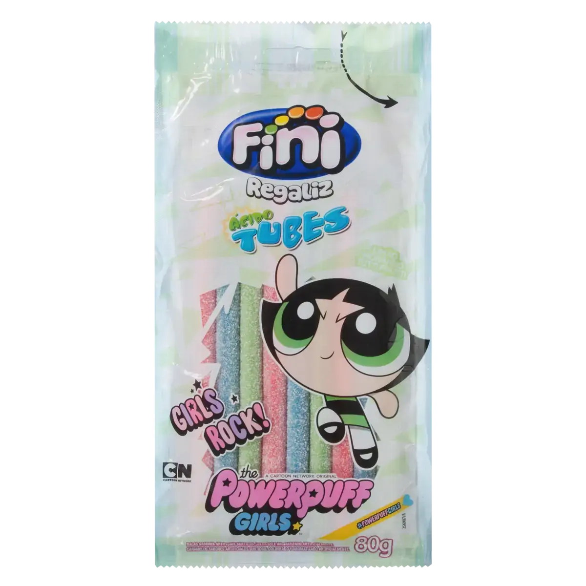 Bala Regaliz Limão, Morango Ou Tutti Frutti The Powerpuff Girls Fini ácido Tubes Pacote 60g