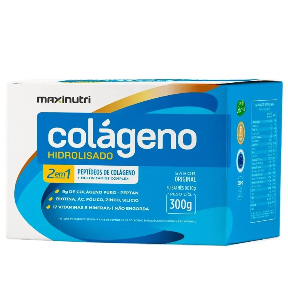Colágeno Hidrolisado 2 em 1 Natural - 30 sachês de 10g - Maxinutri