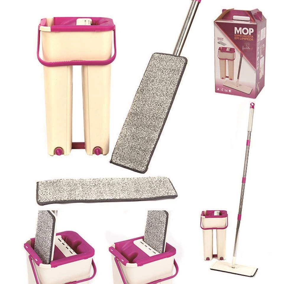Rodo Flat Mop E Balde Lava E Seca Profissional Com 2 Refil Rosa