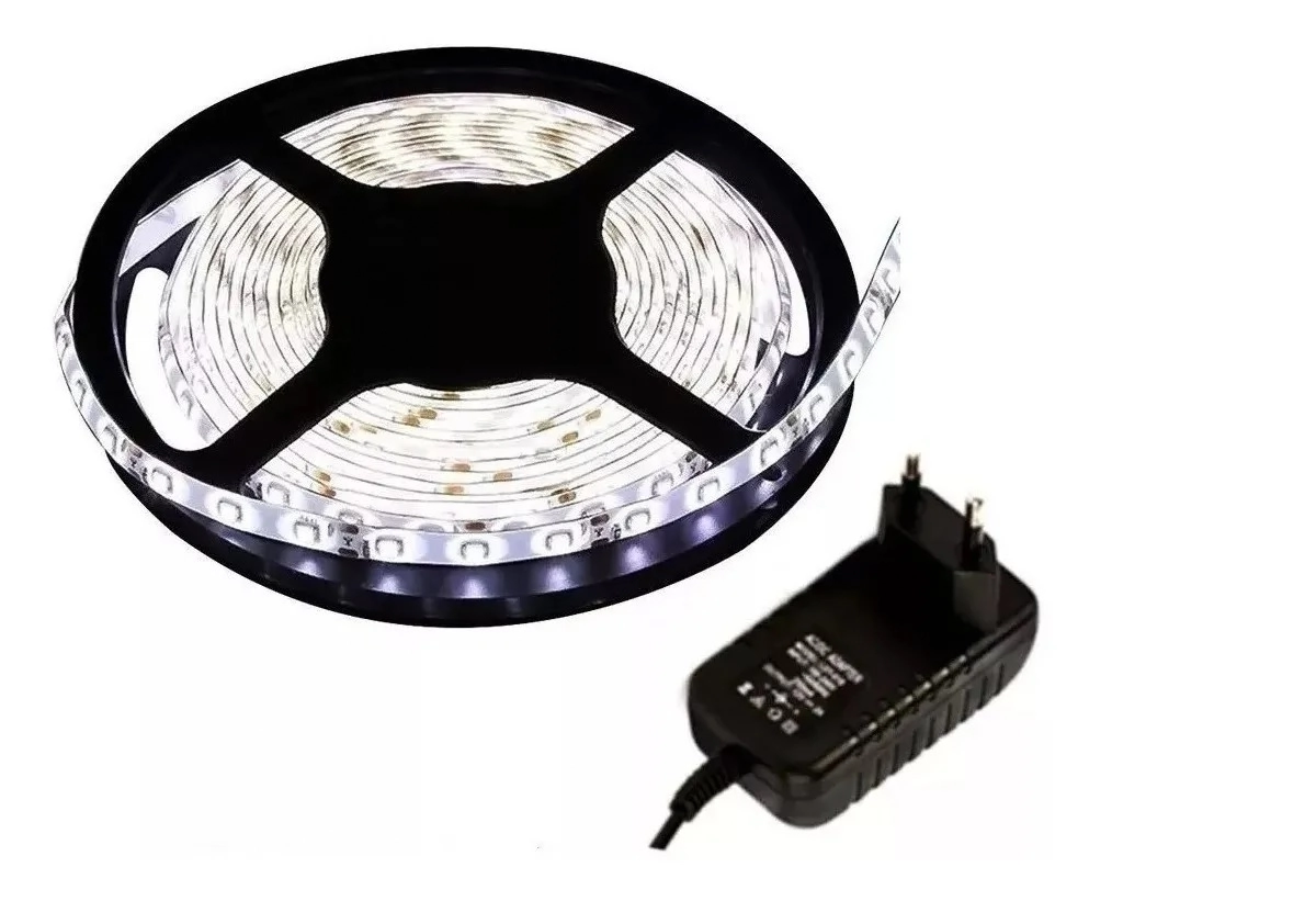Fita Led Rolo 5m Branco Frio 3528 Dupla Face Ip65 Com Fonte