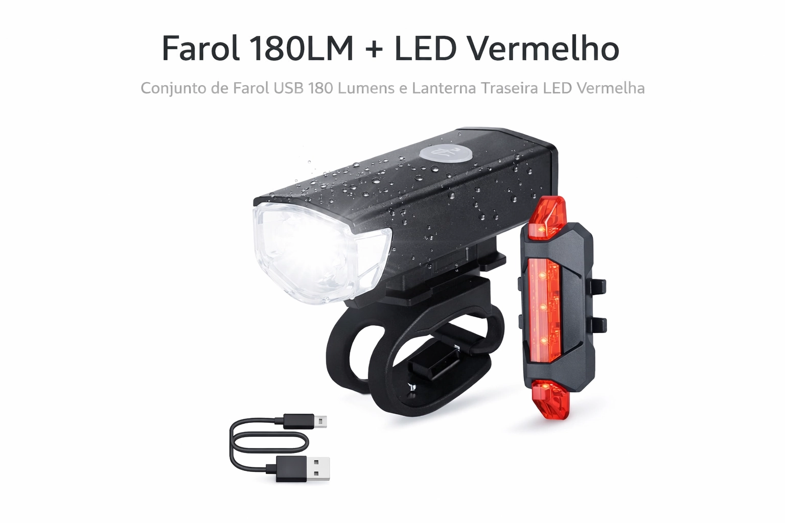 Kit Farol Para Bicicleta 180lm Com Led Branco + Lanterna Traseira Led Vermelha Com Suporte