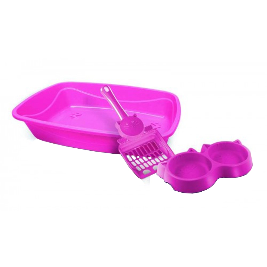 Caixa de Areia Rosa 3 em 1 com Pá e Comedouro Duplo Kit