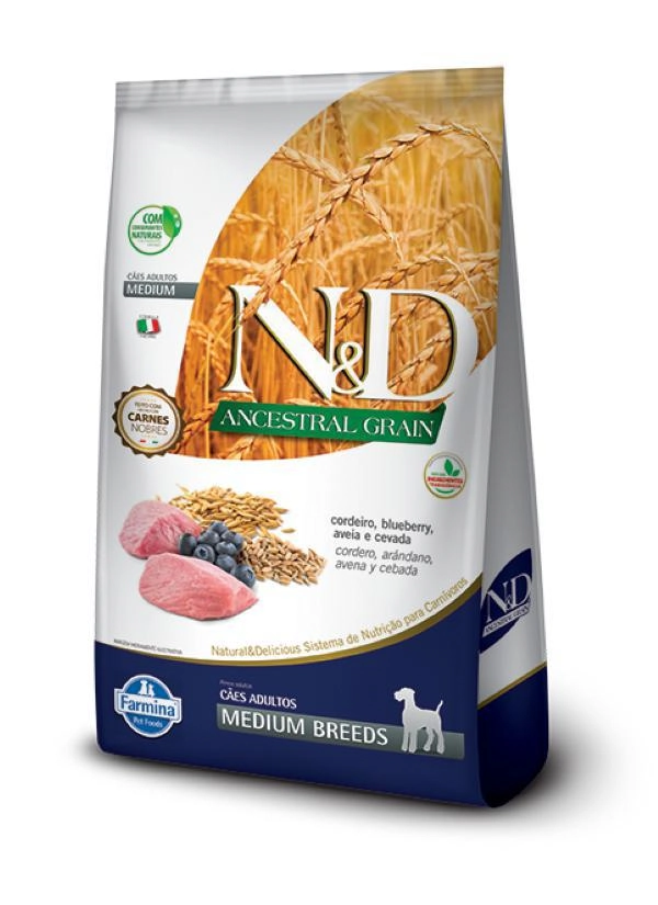 Ração N D Ancestral Grain Para Cães Adultos De Raças Médias Sabor Cordeiro E Blueberry