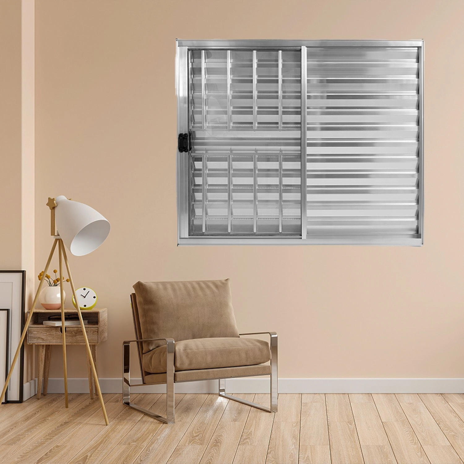 Janela Alumínio Veneziana 3 Folhas 100x120cm Com Grade Natural Brilhante Plus Lux Esquadrias Branco