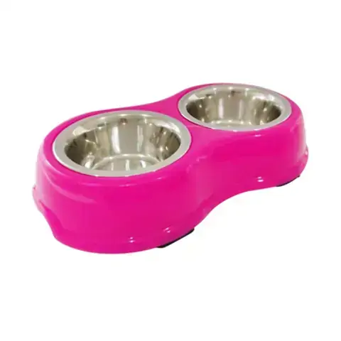 Comedouro Duplo de Inox Para Cães e Gatos The Pet Brasil - Rosa 14cm