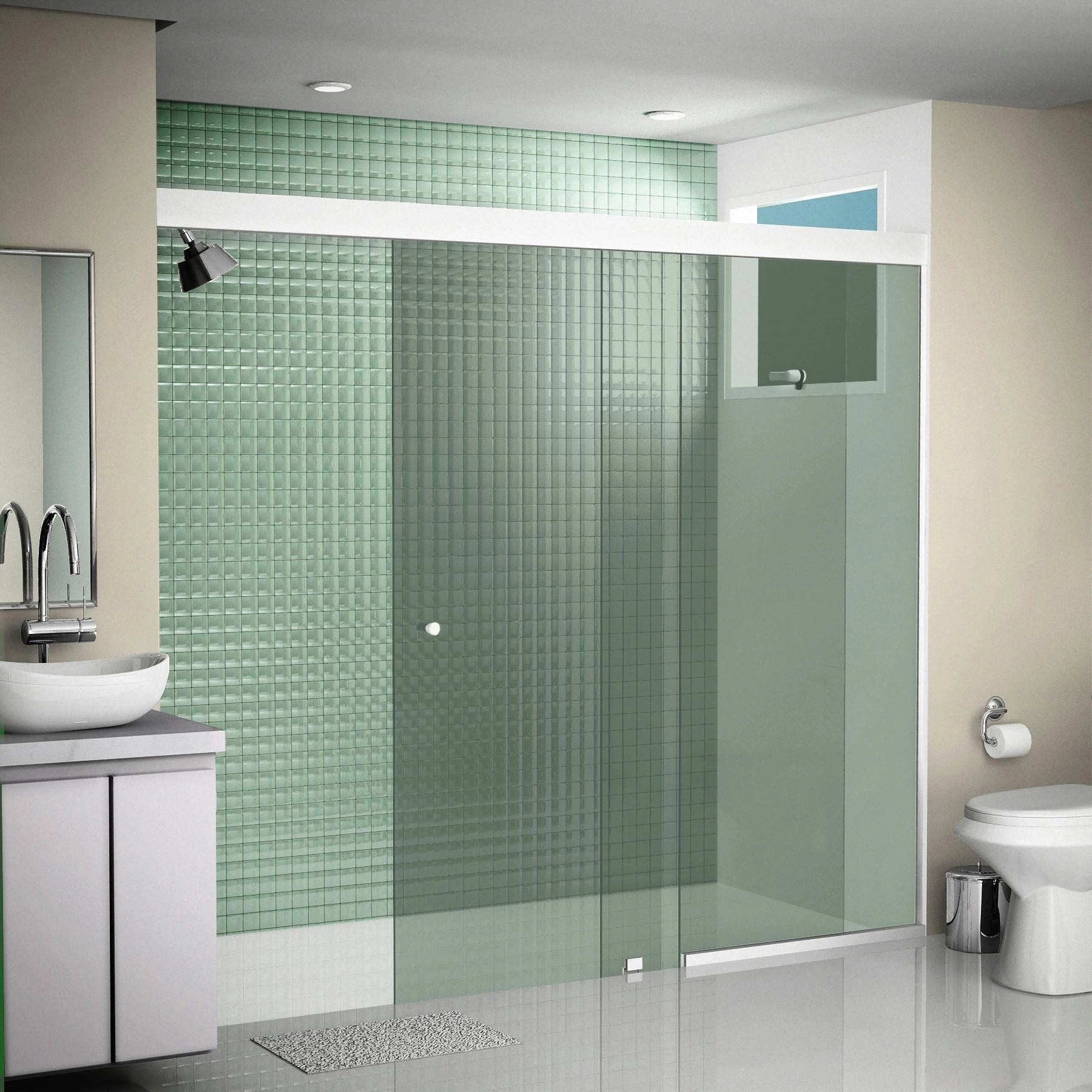 Box para Banheiro 160x190cm Vidro Verde Frontal de Correr 2 Folhas Branco Basic Speed Temper
