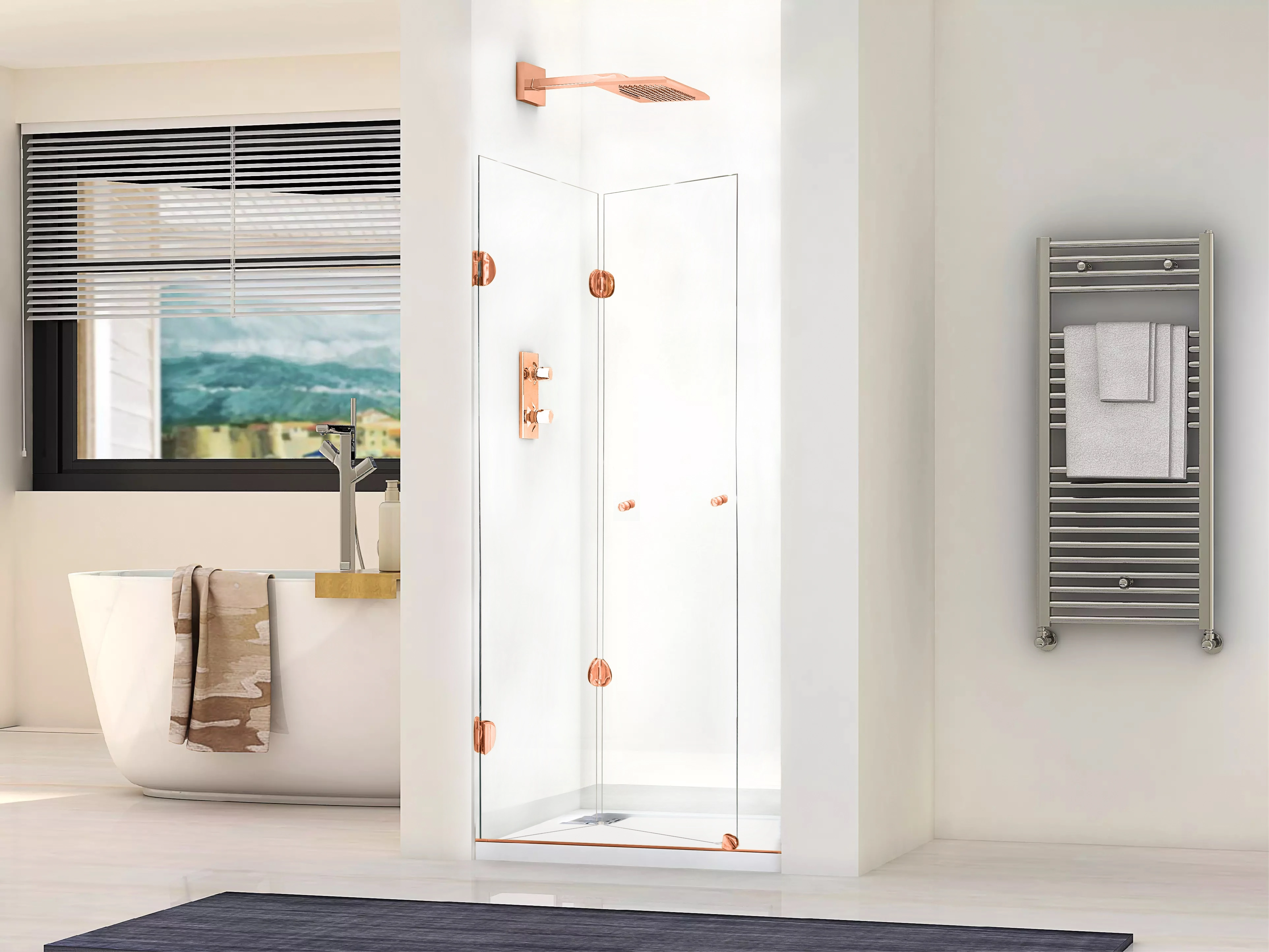 Box para Banheiro 110x185cm Vidro Incolor Frontal Camarão 2 Folhas Rose Gold Speed Temper